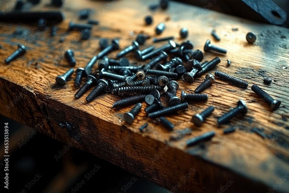 Poster close-up of numerous small black screws scattered over a textured wooden surface with warm lighting 