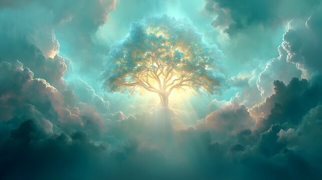 A magnificent tree stands amidst a vibrant sky filled with soft clouds, bathed in ethereal light.