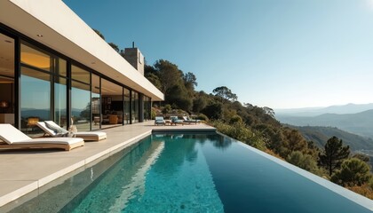 Fototapeta premium Luxurious modern California villa features expansive glass walls, minimalist facade, infinity pool. Set in hills, it offers scenic countryside views, perfect for upscale living and vacation rentals.