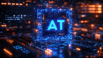 Glowing digital 3D cube with letters AT illuminated in blue light on a complex futuristic circuit board with orange and blue lights