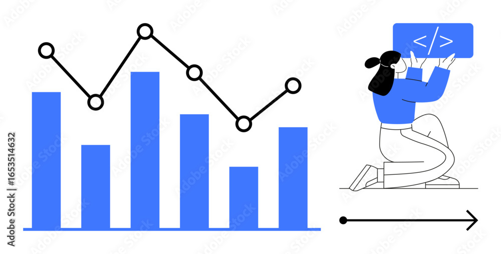 Aufkleber developer kneeling with code on board, a bar chart, and line graph representing analytics. ideal for