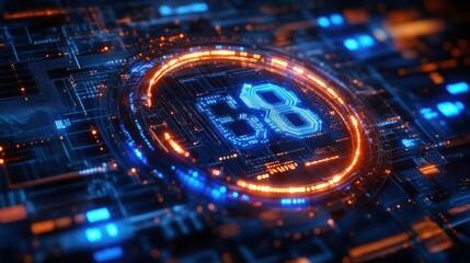 Glowing digital circuit board with blue and orange lights featuring a central futuristic numeric display showing 58, evoking high-tech and advanced technology themes