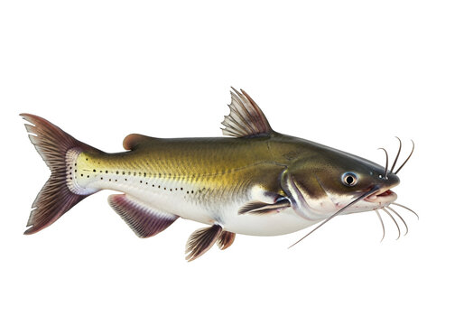 Full shot of a channel catfish, displaying detailed scales and fins against a black background.