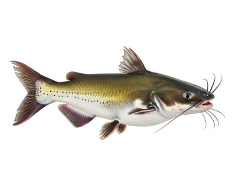 Full shot of a channel catfish, displaying detailed scales and fins against a black background.