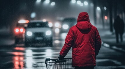 Solitary figure walks with shopping cart in a city street on a rainy night
