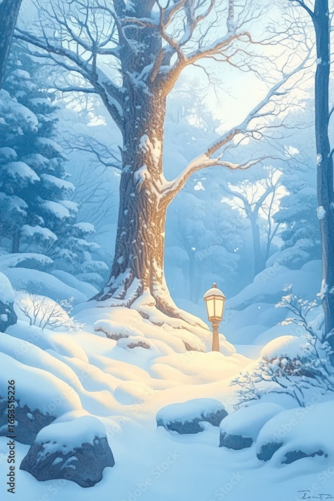 Poster a serene winter forest scene with a large snow-covered tree illuminated by a softly glowing lantern 