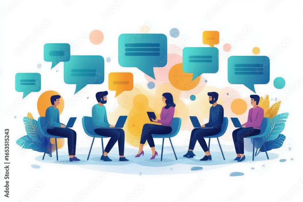 Poster group of five people seated in chairs facing each other having a discussion with colorful speech bub