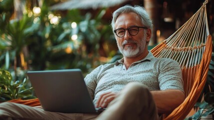 middle aged man with gray hair and beard sitting relaxed in an orange hammock using a laptop outdoors surrounded by greenery during daytime
