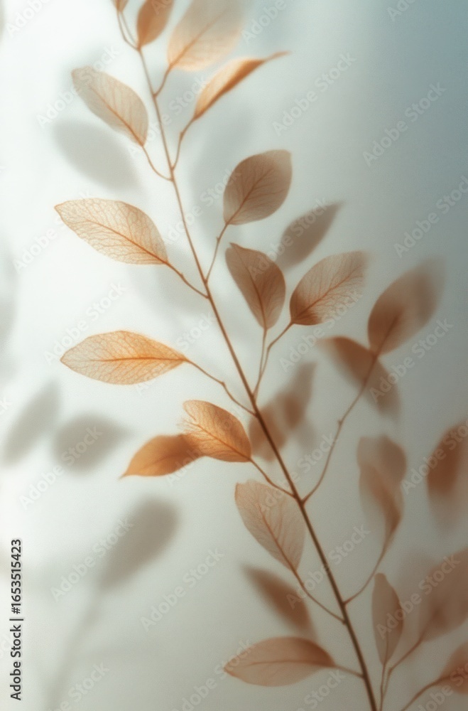 Poster delicate translucent brown leaves on thin branches casting soft shadows on a light background with a