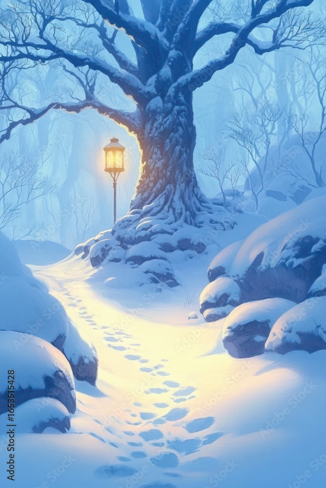 Poster snowy forest path with footprints leading to a large tree illuminated by a glowing street lamp on a 