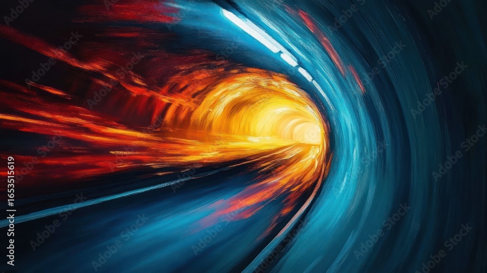 Poster dynamic tunnel with swirling blue and red light trails converging towards a bright yellow light at t