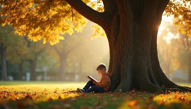 Young boy reads book under large tree in park during autumn. Golden sunlight filters through yellow leaves, creating peaceful, serene atmosphere. Child enjoys learning, imagination, sitting on grass