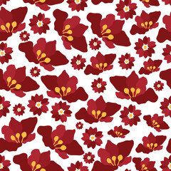 red flowers with yellow pollen hand drawn vector seamless pattern. Red flowers with pollen grains seamless pattern. Good for fabric, textile, decoration, wrapping, tiles, fashion and more.