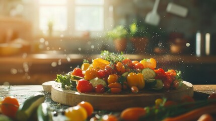 mix of roasted carrots, bell peppers, zucchini, and cherry tomatoes, glistening with olive oil and fresh herbs. The background is a blurred rustic farmhouse