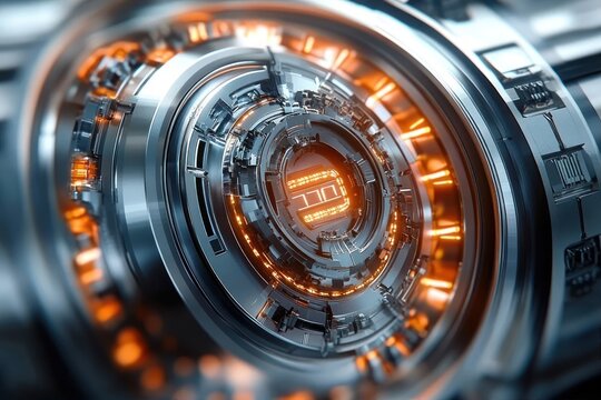 Close-up of a futuristic metallic circular mechanism with glowing orange lights and intricate mechanical details emitting a high-tech and advanced technology vibe - Powered by Adobe