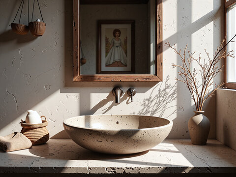 Rustic ceramic sink with irregular mirror frame,Raw imperfection and calm harmony in a clean bath setting.