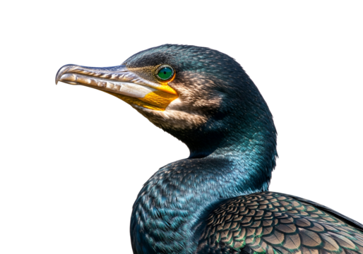 Close-up of a magnificent cormorant, displaying striking iridescent plumage and intricate feather details against a stark black background.