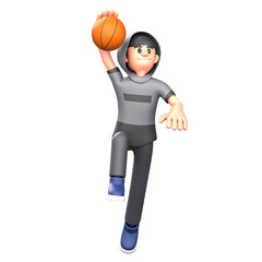 3D Render 3D basketball player in gray shirt and dark pants jumps with orange ball; ideal for sports marketing and web content.