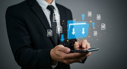 Data Transfer and Cloud File Management Concept with Businessman Holding Smartphone Displaying Digital Icons for Uploading, Downloading, and Mobile Storage Access