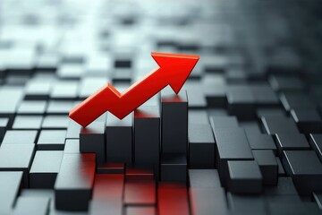 Red upward arrow rising over black 3d bar graph blocks indicating growth or increase on digital grid background