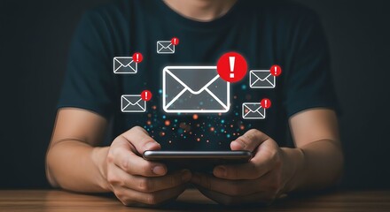 Urgent Email Notification Concept with Businessman in Suit Using Tablet and Touching Digital Envelope Icon Surrounded by Red Exclamation Marks