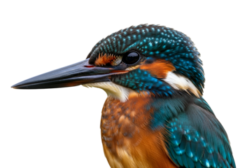 Close-up profile of a kingfisher, showcasing its vibrant plumage in rich tones of teal, orange, and brown, set against a stark black background.