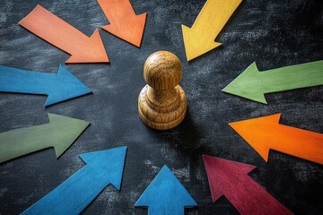Wooden pawn figure surrounded by colorful wooden arrows pointing inward on a dark textured surface, symbolizing focus or attention