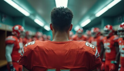 Football player in locker room preparing for game, teammates in uniform surround him. Atmosphere of determination, focus, teamwork, and anticipation for competition. Intensity builds for match.