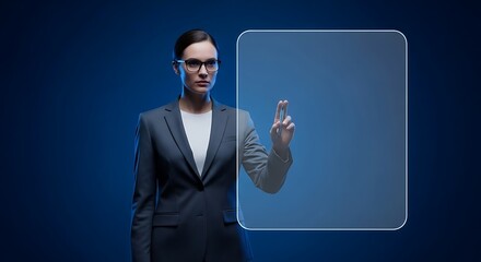 Professional Woman Interacting with Transparent Digital Interface, Futuristic Concept.