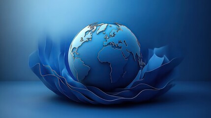 blue globe with world map continents sits nestled in flowing abstract blue fabric shapes evoking protection and calmness