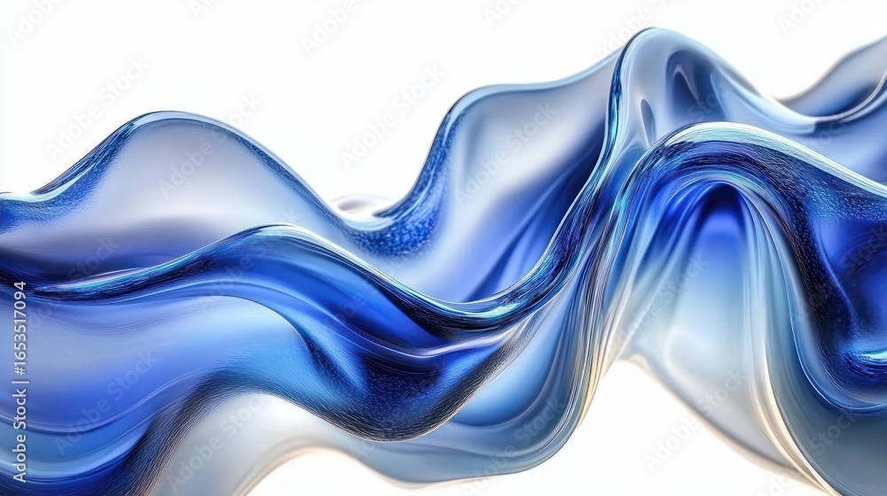 Poster smooth flowing abstract waves of translucent blue glass or liquid with reflective highlights creatin