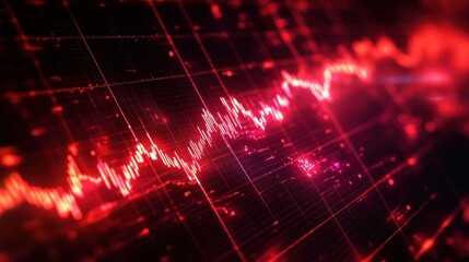 Dynamic red glowing digital graph with fluctuating lines and data points on a dark grid background conveying financial or technological analysis