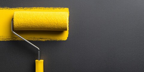 Obraz premium A yellow paint roller rests on a freshly painted dark gray wall, ready for use. The image highlights preparation, renovation, and attention to detail.