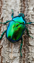 Iridescent Green Beetle on Tree Bark