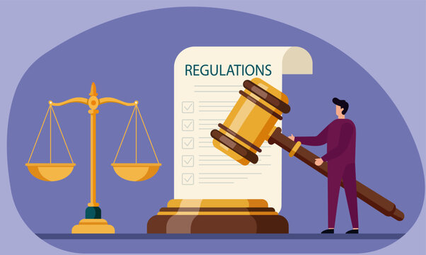 A flat vector illustration symbolizing legal concepts. A man holds a large gavel next to a regulations checklist and scales of justice, representing law and compliance