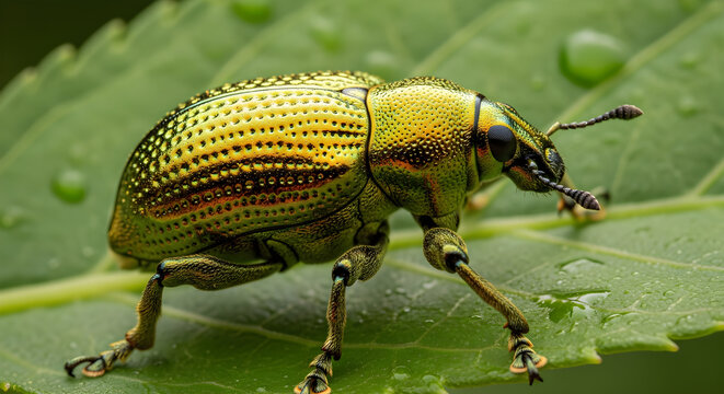 Golden Weevil on Leaf Close-Up