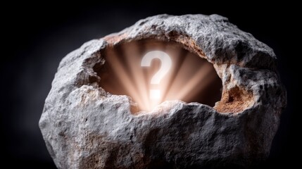 A glowing white question mark emerges from a rough stone cave opening with light rays radiating outwards