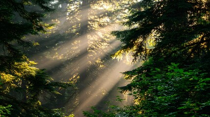Sunlight streams through a misty forest, illuminating the lush greenery.