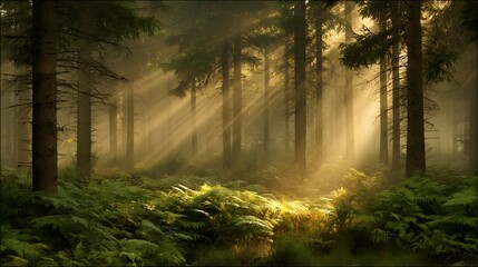 Obraz premium Golden sunlight streams through a misty forest, illuminating the lush undergrowth.