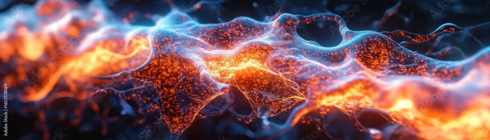 Aufkleber bright glowing orange and blue energy flow resembling dynamic molecular or neural network with parti
