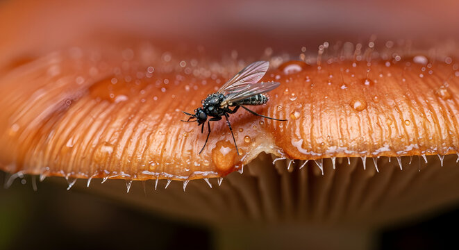 Fungus Gnat on Mushroom Cap Close-Up (landscape) 