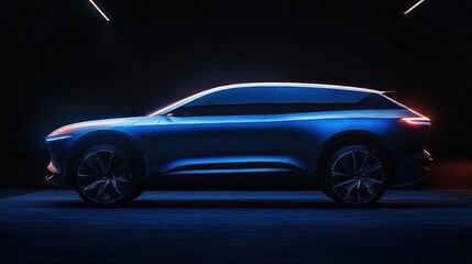 Naklejka premium Sleek modern blue electric SUV illuminated with neon lighting in dark environment showcasing streamlined futuristic design