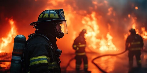 Firefighters in full gear battling large blazing fire with intense flames in background, teamwork and determination visible