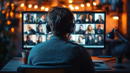Obraz premium Person wearing headphones sitting at a desk participating in a virtual video conference with multiple people displayed on a computer screen in a warmly lit room