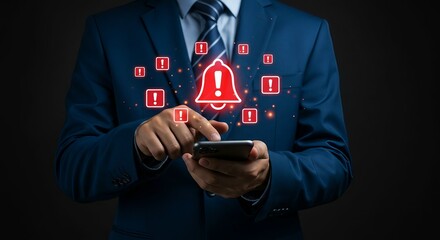 Cybersecurity Alert Concept Featuring Business Professional in Suit Holding Smartphone with Red Warning Icons Indicating Mobile Threats and Data Breach Risk in Dark Background