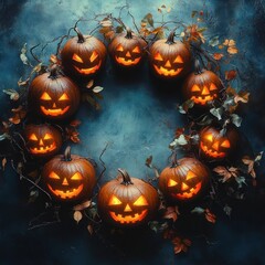 Circle of glowing jack-o'-lantern pumpkins with carved faces surrounded by autumn leaves and branches on dark textured background