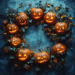 Circle of glowing carved Halloween pumpkins surrounded by autumn leaves and vines on a textured dark blue background creating a spooky festive atmosphere