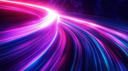 Vibrant abstract glowing light trails in shades of pink, purple, and blue curving across a dark background creating a dynamic and futuristic motion effect
