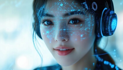 Close-up of a young woman wearing large headphones with futuristic blue digital holographic interface graphics projected over her face showing technological connectivity and data points