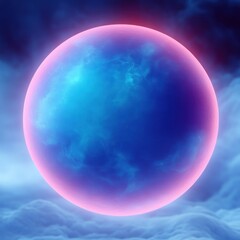 Glowing blue orb with pink halo floating above soft clouds under a dark, moody sky evoking a mysterious and ethereal atmosphere